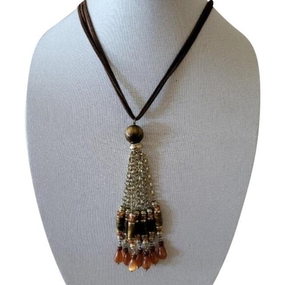 Chico’s Brown Tiger’s Eye Tassel Necklace – Statement Beaded Pendant Jewelry - Picture 1 of 4
